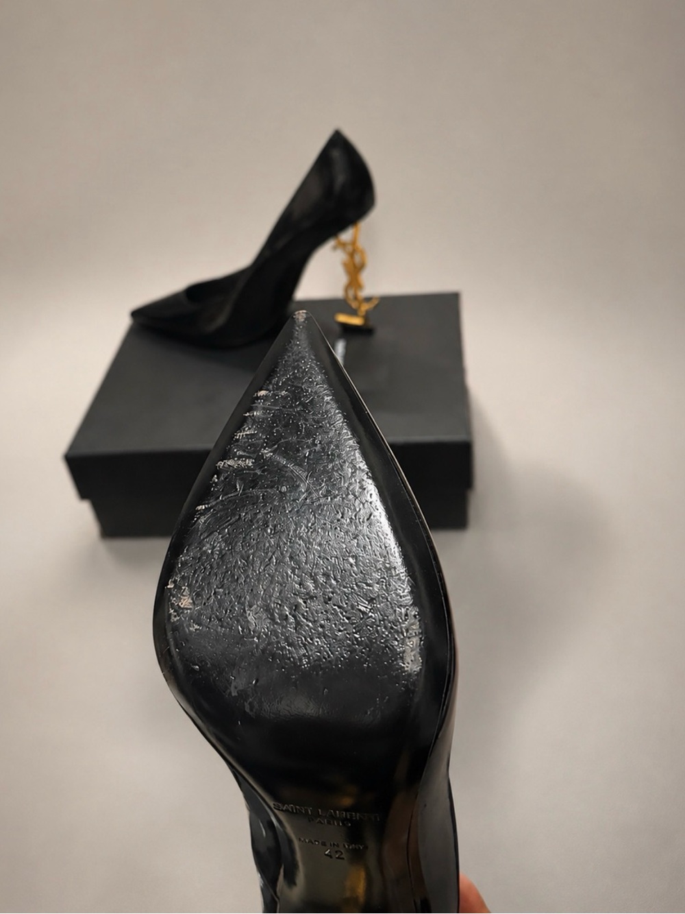 Saint Laurent Opyum 110mm Black Patent Leather Gold YSL Heel Pumps Size 42 - Picture 8 of 9